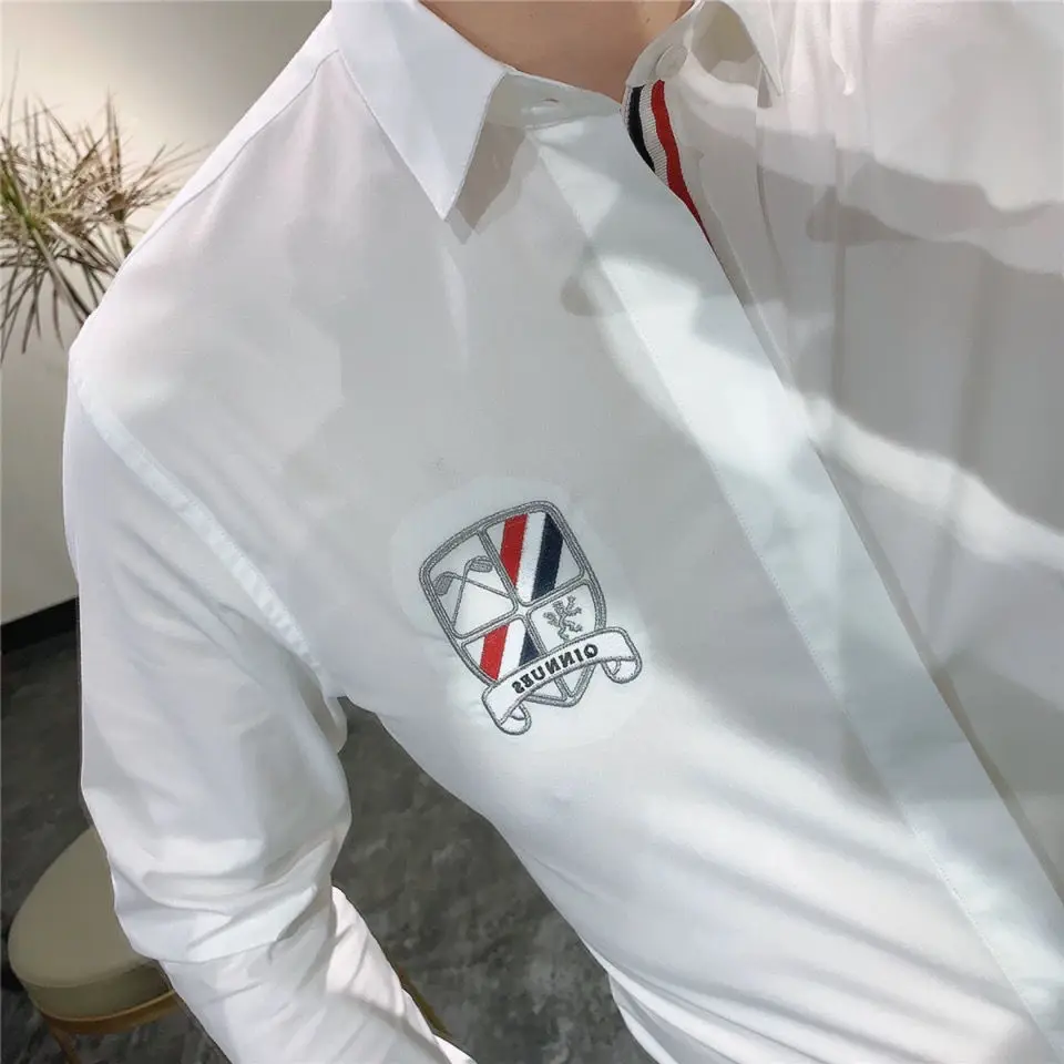 Spring and autumn new fashion men's tide brand long sleeve shirt Korean fashion slim white men's cardigan shirt