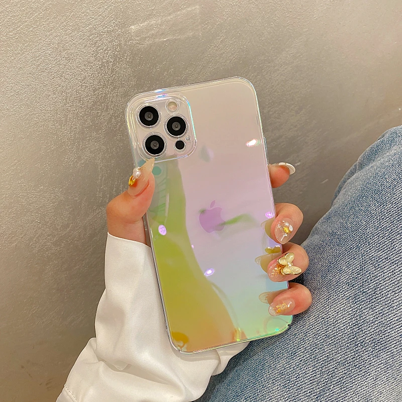 

For iPhone 13 12 11 Pro Max 7 8 Plus Xr X Xs Case Gradient Rainbow Laser Phone Case Luxury Aurora Clear Transparent PC Case