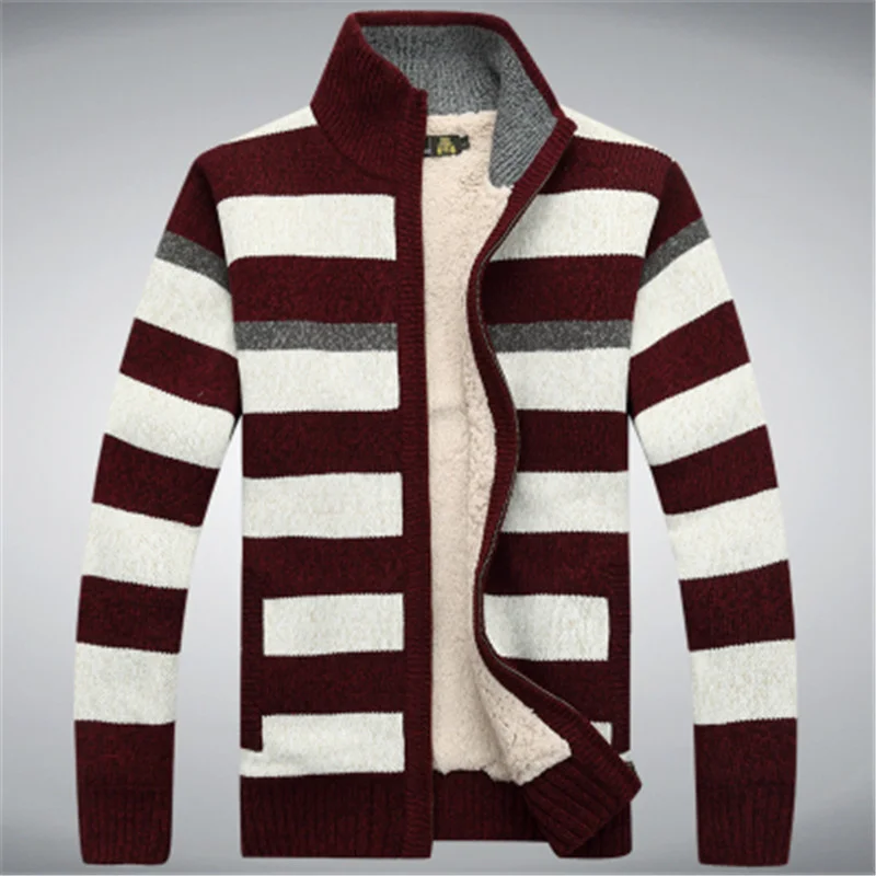 Fleece Winter Thicken Sweater Men Knitted Cashmere Stripe Mens Wool Cardigan sweaters agasalho masculino size M -3XL