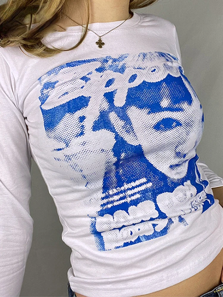 

Новинка 2022, футболка с графическим рисунком для женщин Y2K, укороченные топы с длинным рукавом, повседневная винтажная одежда, модная Осенняя...