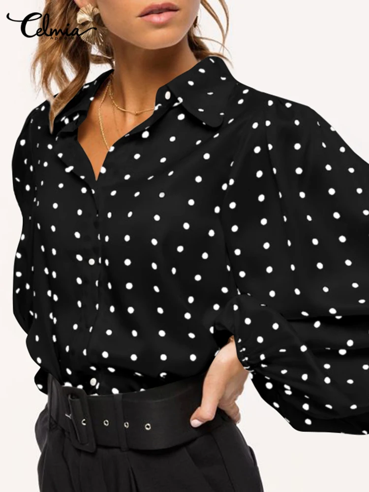 

Celmia Fashion OL Blusas Party Polka Dot Women Button Up Blouse Elegant Casual Lantern Sleeve Lapel Tops Femme Office Wear Shirt
