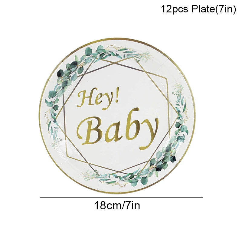 Green Leaves Bronzing Letter Hey Baby Jednorazowa zastawa stołowa Talerz Serwetka Obrus Dziecko Urodziny Party Shower Decor Supplies