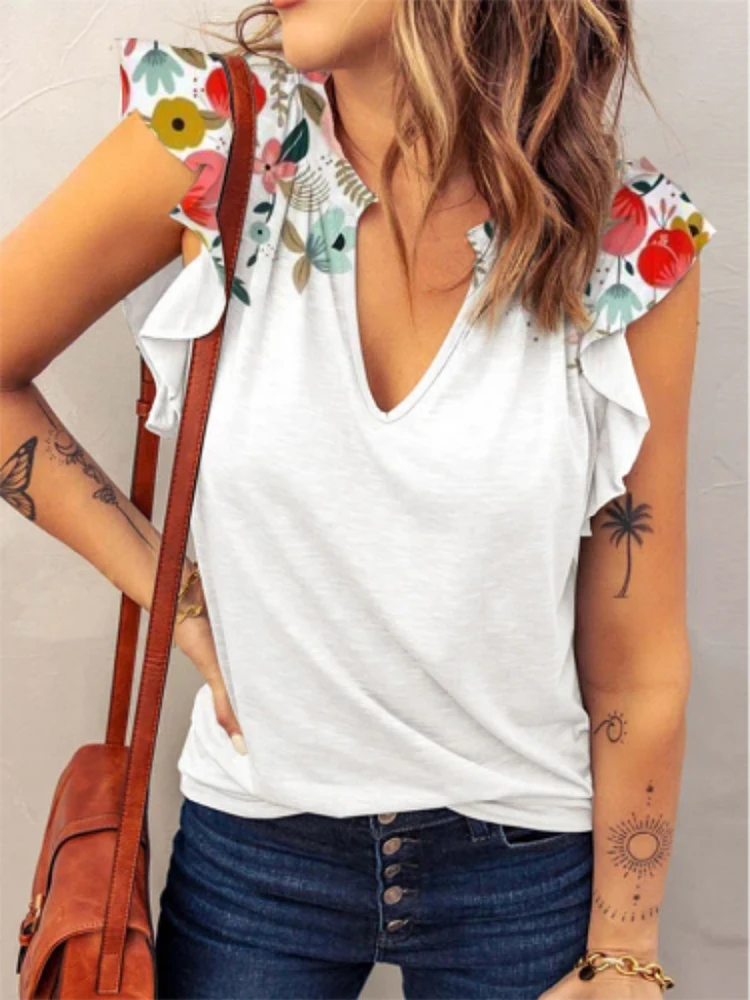 

Женская свободная офисная блузка с V-образным вырезом, рубашки, женские весенние Лоскутные топы с цветочным принтом, летние пляжные блузки б...