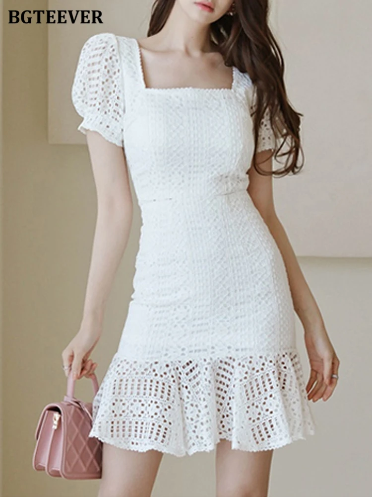 

BGTEEVER Elegant Ladies 2 Pieces Set Square Collar Tops & High Waist Ruffles Mini Skirts Summer Lace Women Skirt Set