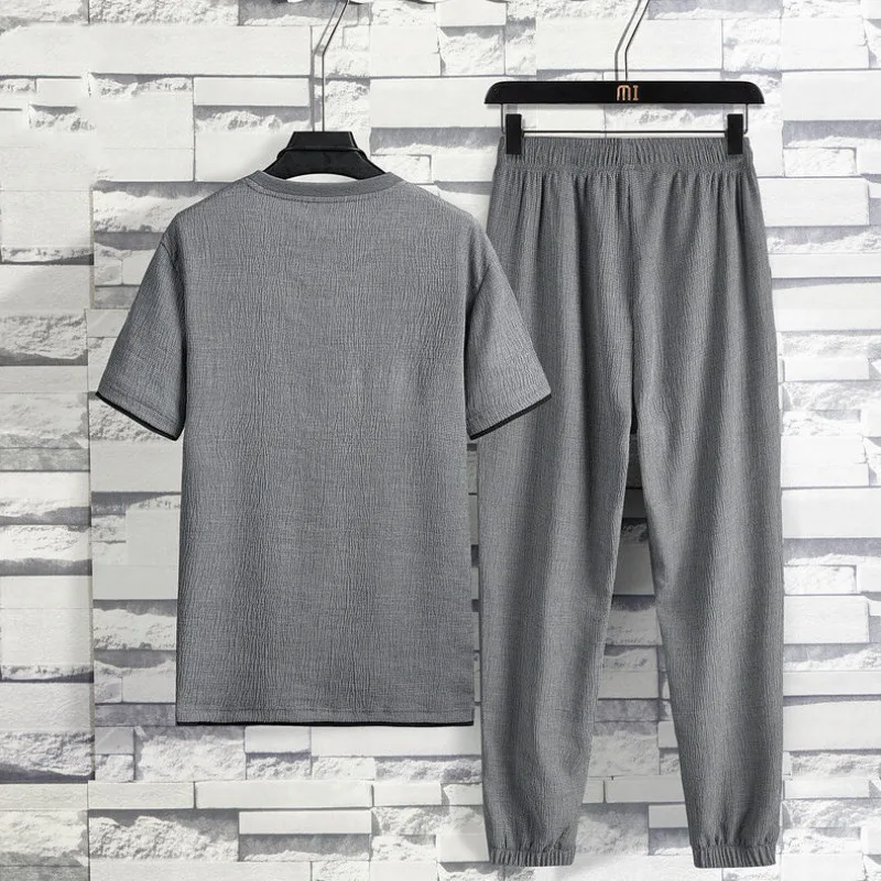 2023 Summer Ice Silk Short Sleeve T-shirt Men Leisure Set Men's Clothing Suit with Handsome Clothes Two-Piece Suit