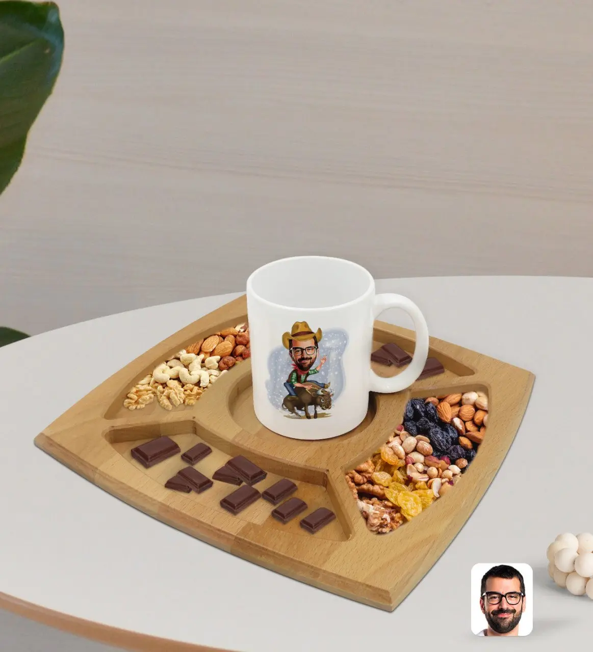 

Персонализированная белая кружка Rodeo карикатюрилю и натуральная твердая древесина, 4 отделения для презентации, таб, кондитерский подарок, ...