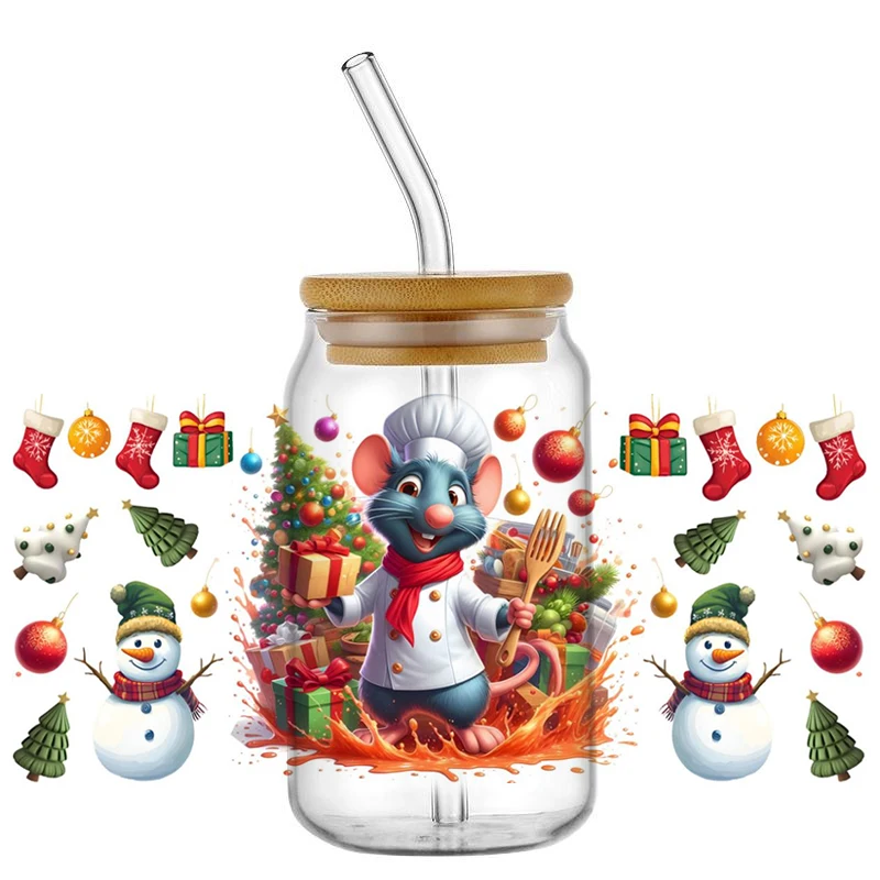 Minoso мультфильм Chef mouse Cute Santa Wrap 3D Рождественская УФ-наклейка DTF для 16 унций Libbey Glass