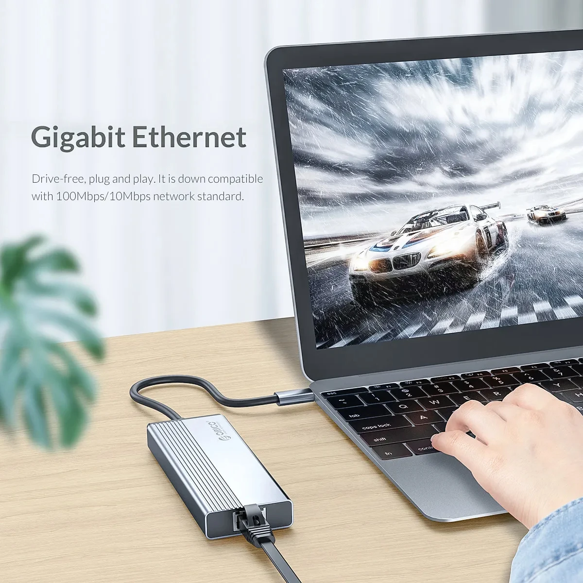 Фото Многопортовый адаптер ORICO 5 в 1 USB C Hub Type C с HDMI, RJ45 Ethernet, USB3.0, зарядной док-станцией PD 100 Вт и разветвителем для MacBook Pro и ноутбуков №2
