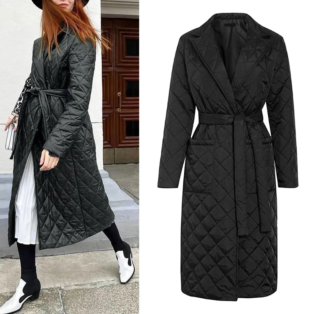 2021 Autumn Winter Coat Womens Argyle Long Jacket Thin Parkas Double Breasted Belt Coat Plaid Trench Coats for Women Overcoat