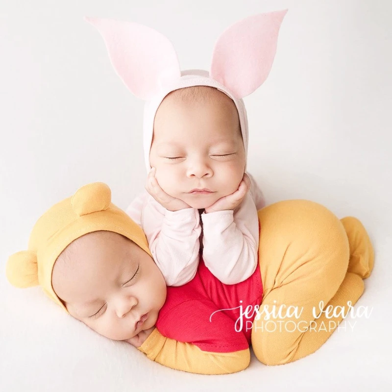 Dvotinst Newborn Baby Photography Props Cute Bear Outfit Romper Hat 2pcs Set with Bee Stick Studio Shooting Photo Props
