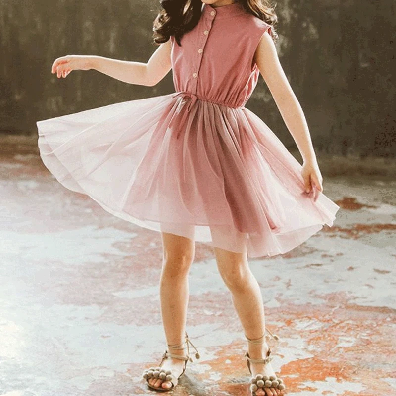 

Girls' Dress Summer New Sweet Mesh Stitching Button Lace Up Fashion Casual Sleeveless Pure Cotton Korean Solid Color Puffy Skirt