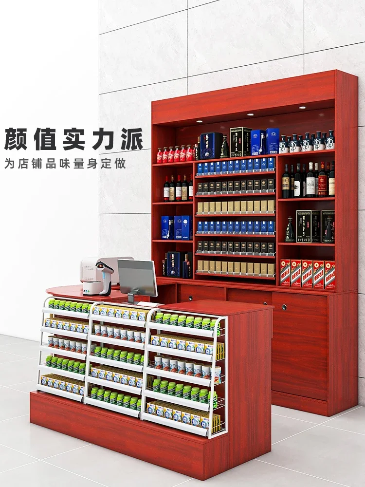 Стеллаж из массива дерева для хранения табака и вина в супермаркете