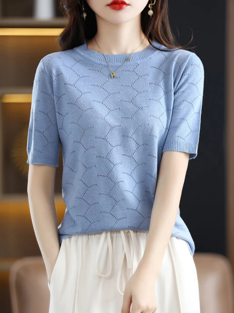 

Hollow Out Knitted Short Sleeve T Shirt Women O Neck Pullover Casual Tshirt Summer Thin Pink Tops Woman Clothes Camisetas Mujer