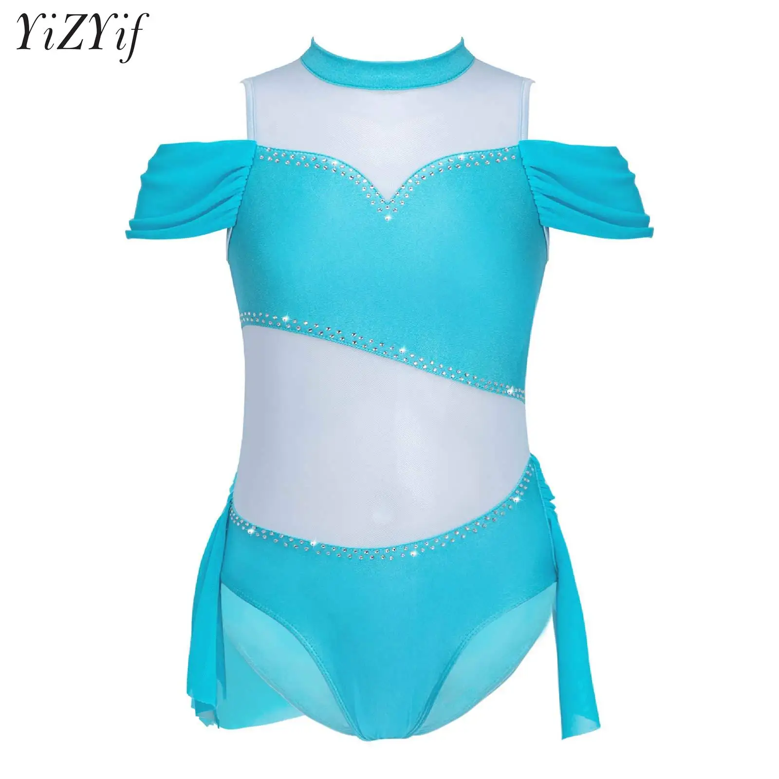 

Kids Girls Glitter Rhinestone Ice Skating Costume Off Shoulder Sheer Mesh Lyrical Ballet Dance Leotard Yoga Gymnastics Romper