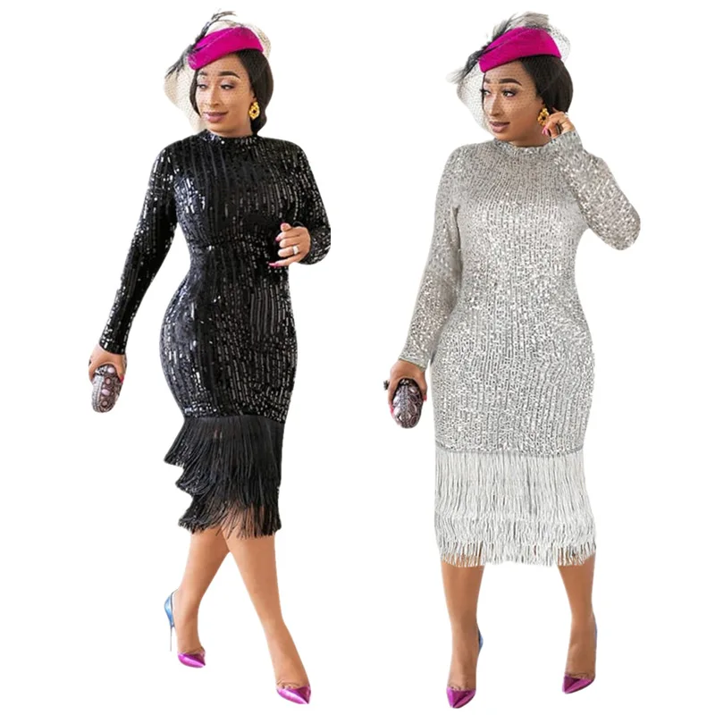 

64A835 Autumn Winter Women Casual Fashion Sexy Solid Skinny Sequins Tassel Long Sleeve Dress Vestidos Hot