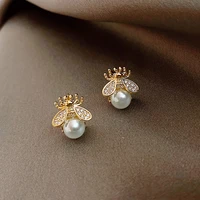 s925 silver needle fashion personality little bees inlaid pearl womens earrings cute net red simple exquisite earrings jewelry