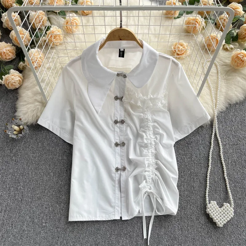 

White short sleeve shirt women's summer irregular top design loose and versatile Lapel top trend blusas mujer de moda 2022