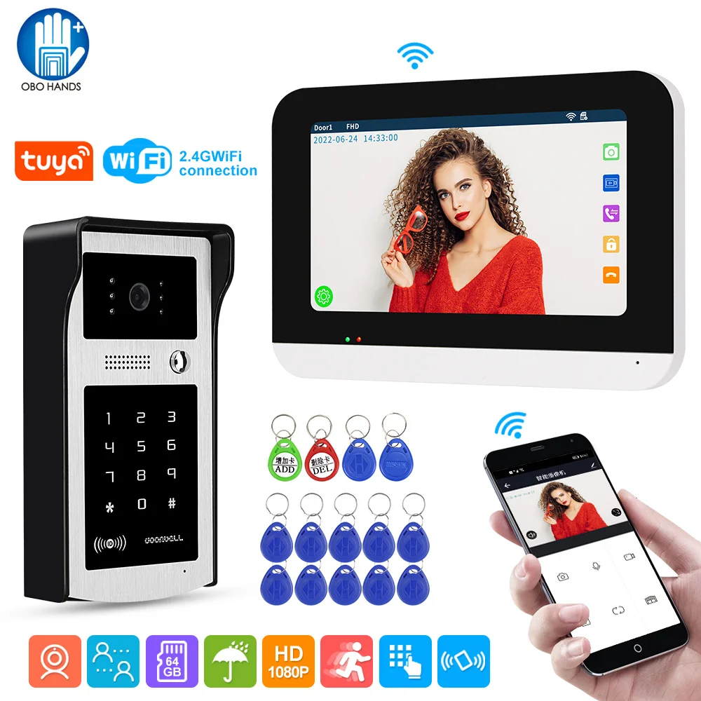 Система видеодомофона Tuya с Wi-Fi RFID-картой и 7-дюймовым сенсорным экраном 1080P HD -
