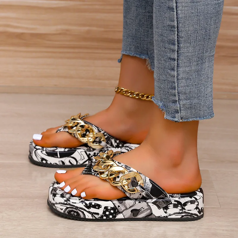 Women's Slippers Summer PU Leather Flat with Chain Flip-flops Plus Size Beach Flatform Shoes