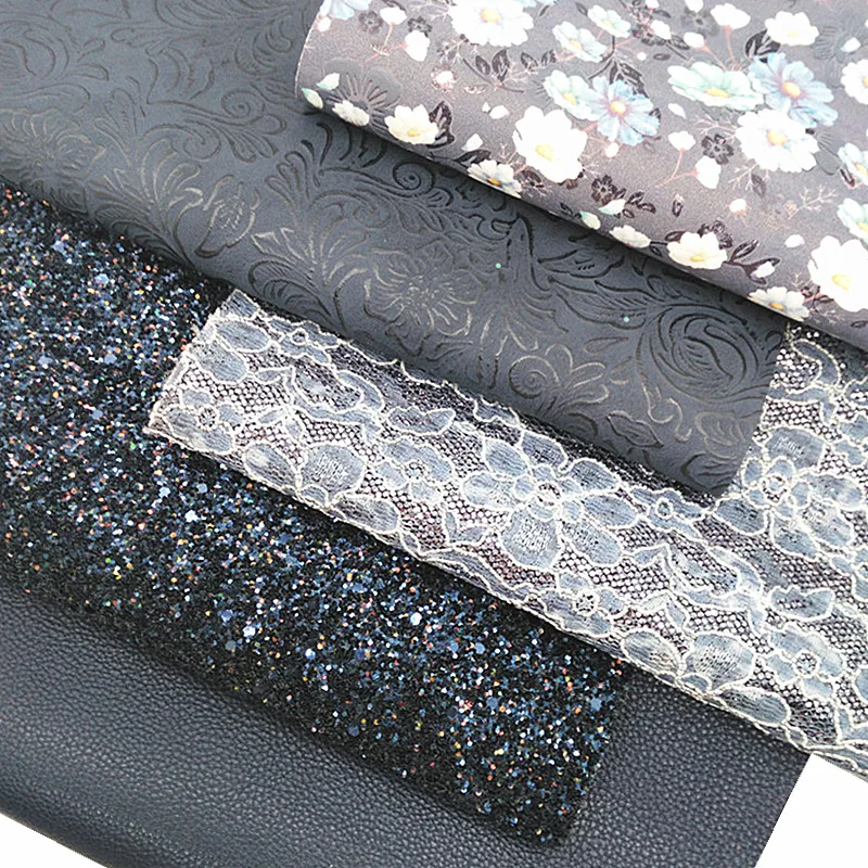 Темно-синяя объемная блестящая кожа кружевная ткань цветочный принт замша синтетическая кожа для «сделай сам» 21x29 см Y117