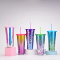 double layer plastic straw cup creative straws reusable with lid gradient color large capacity gift