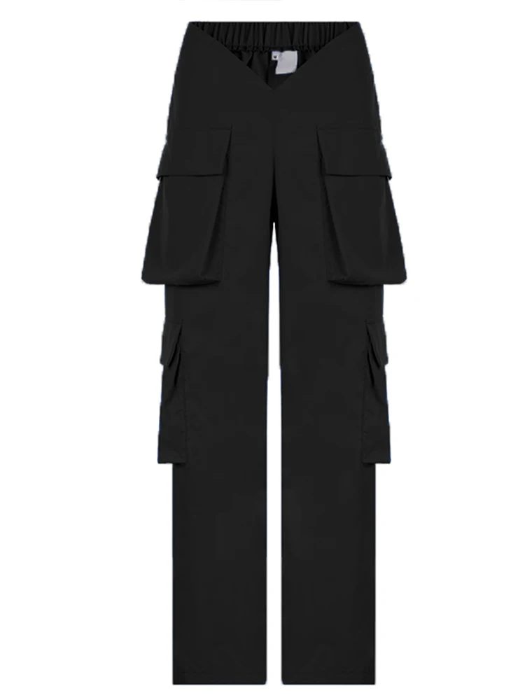 Weekeep Vintage Big Pocket Patchwork Cargo Pants Women Baggy Elastic High Waist Casual Pants Harajuku Capris Streetwear Trousers