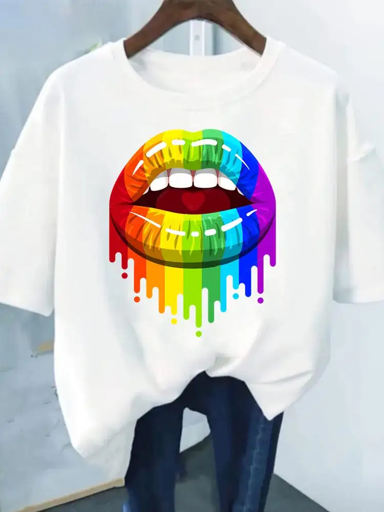 

Short Sleeve Women Clothing Print Graphic Tee Summer Fashion Lip Watercolor 90s Style Cute Clothes T Female Casual T-shirts