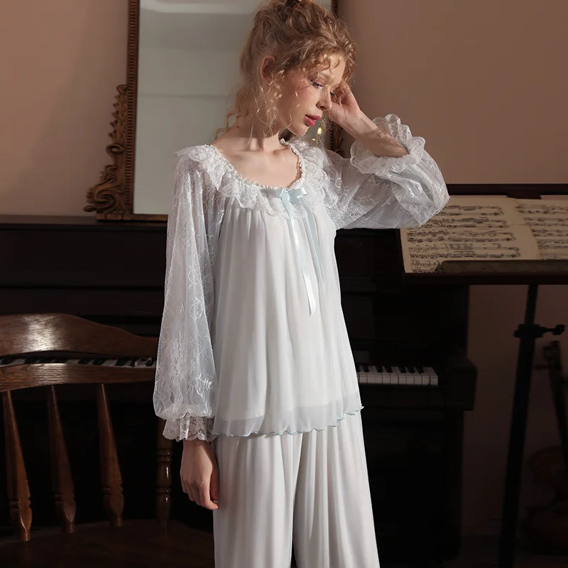 Women's Elegant Temperament Lace Gauze Splicing Round Neck Pajama Sets Modal Comfort Sleepwear Pajamas