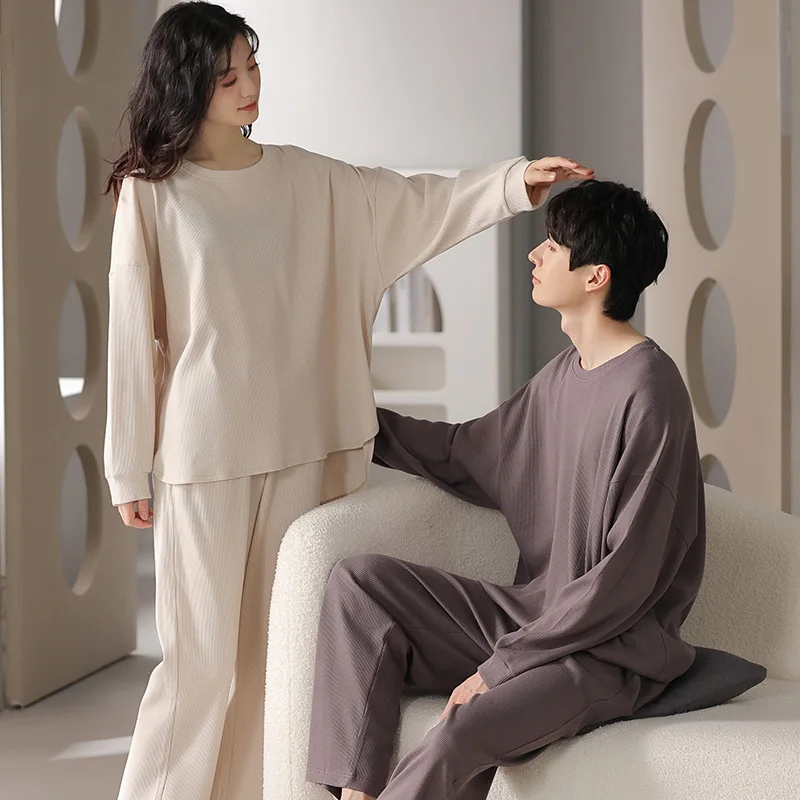 

2023 Autumn And Winter Couple Pajamas Pullover Long-sleeved Breathable Pure Cotton Men's Women's Waffle Home Clothes Loose And C