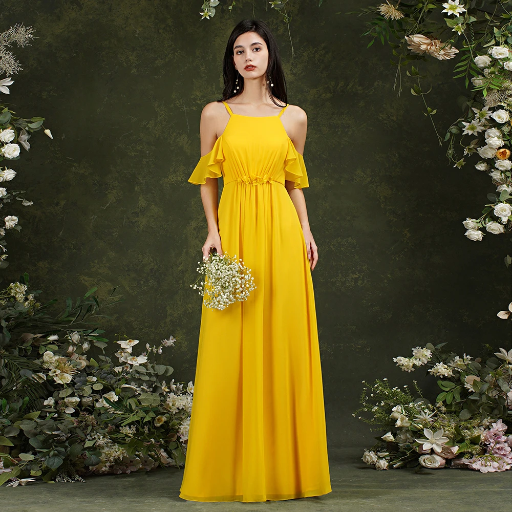 

2022 Vestido Dama Honor Long Yellow Bridesmaid Dresses Formal Lady Party Dresses Maid Of Honor Gown Ruched Chiffon Prom Gowns