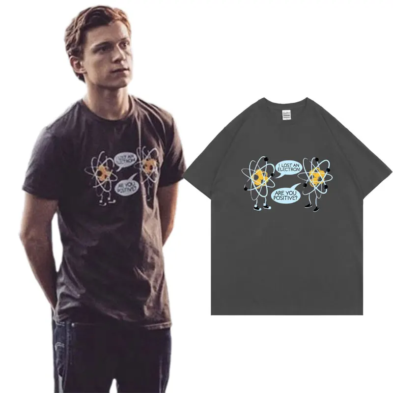 

Tom Holland Same Style Tshirt I Lost An Electron Letter Logo Print T-shirt Men Women Fashion Pure Cotton T Shirts Short Sleeve