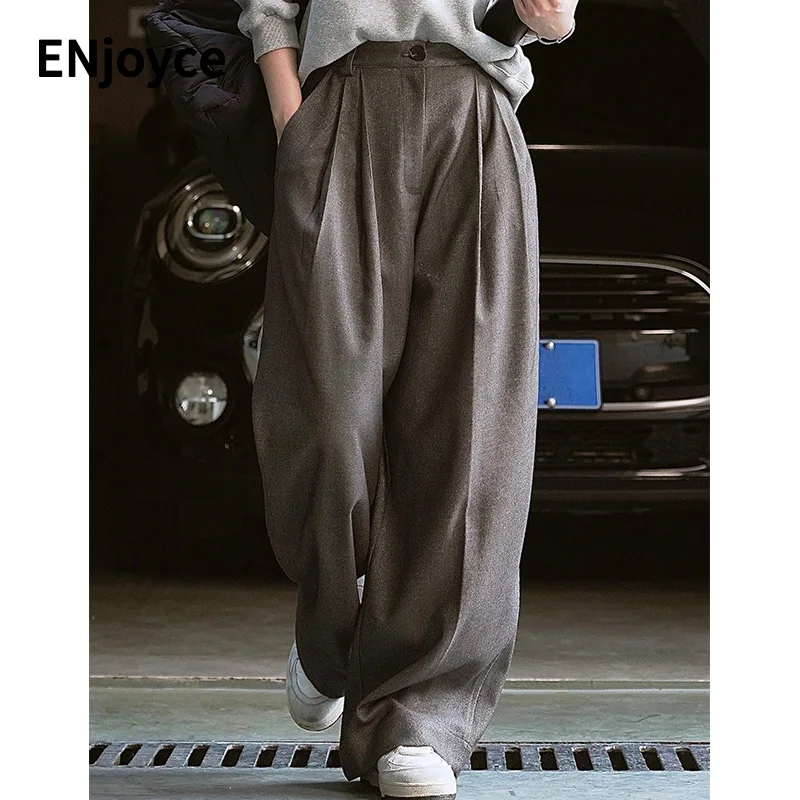 Women Winter Vintage Gray Wool Thick Straight Suit Pants Office Lady Wide Leg Workwear High Waist Loose Draped Trousers