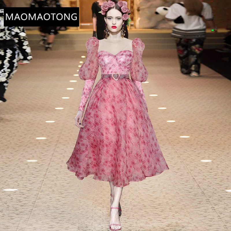 

Fashion Designer Summer Midi Dress Women Puff sleeve floral print Sashes Elegant Holiday Party Dress