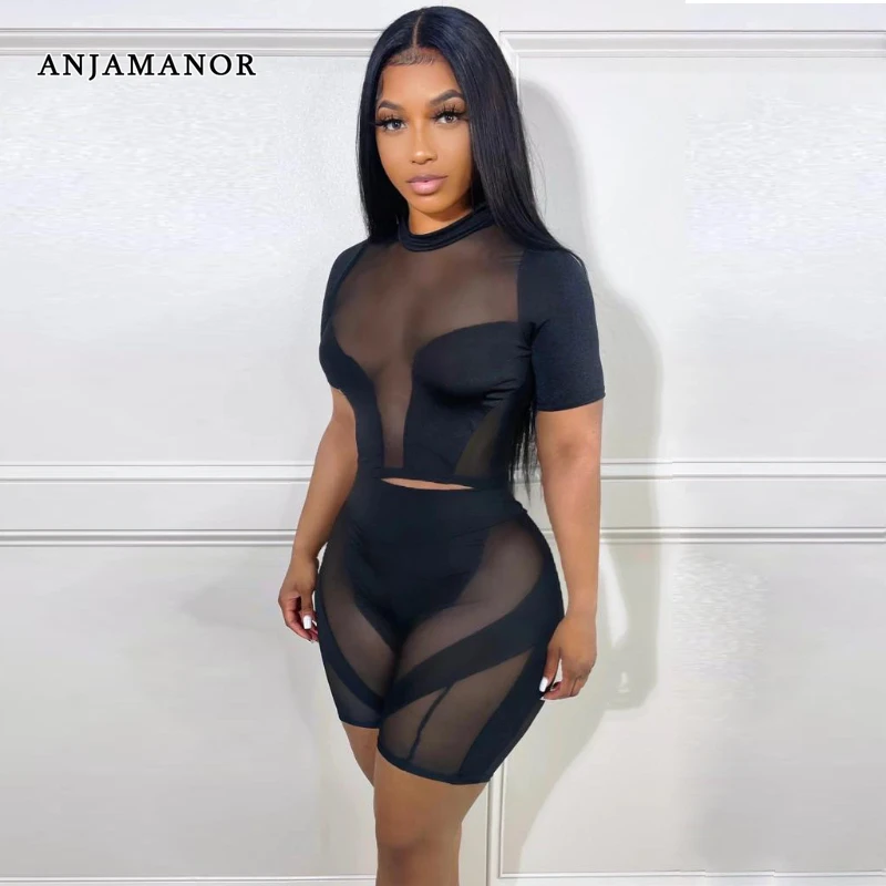 

ANJAMANOR Sheer Mesh Insert Black Two Piece Set Women Crop Top and Shorts Matching Sets Sexy Club Outfits Summer 2023 D43-CF21