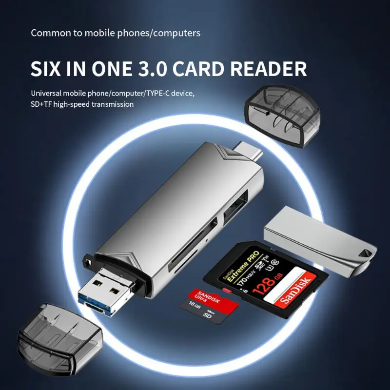 

High Speed Reader Adapter Type-c 6 In 1 Usb 3.0 Cardreader Type-c3.0 Liuhe Card Reader Universal Otg Tf/sd Card Reader Otg Hot