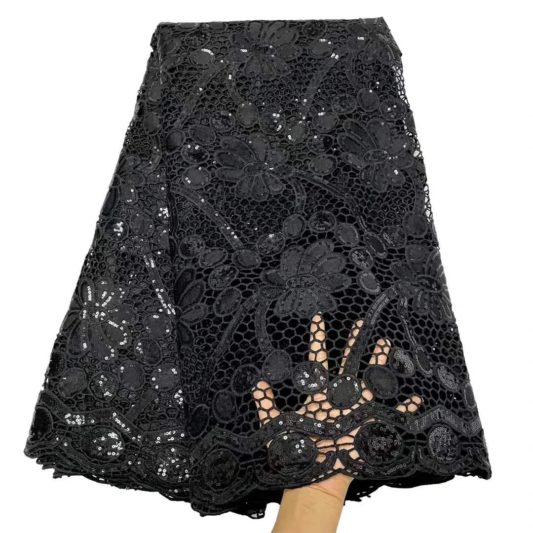 

Black African Guipure Lace Fabric Embroidery Nigerian Guipure Cord Lace Fabric 2022 High Quality For Party Dress Sew RFO1-6