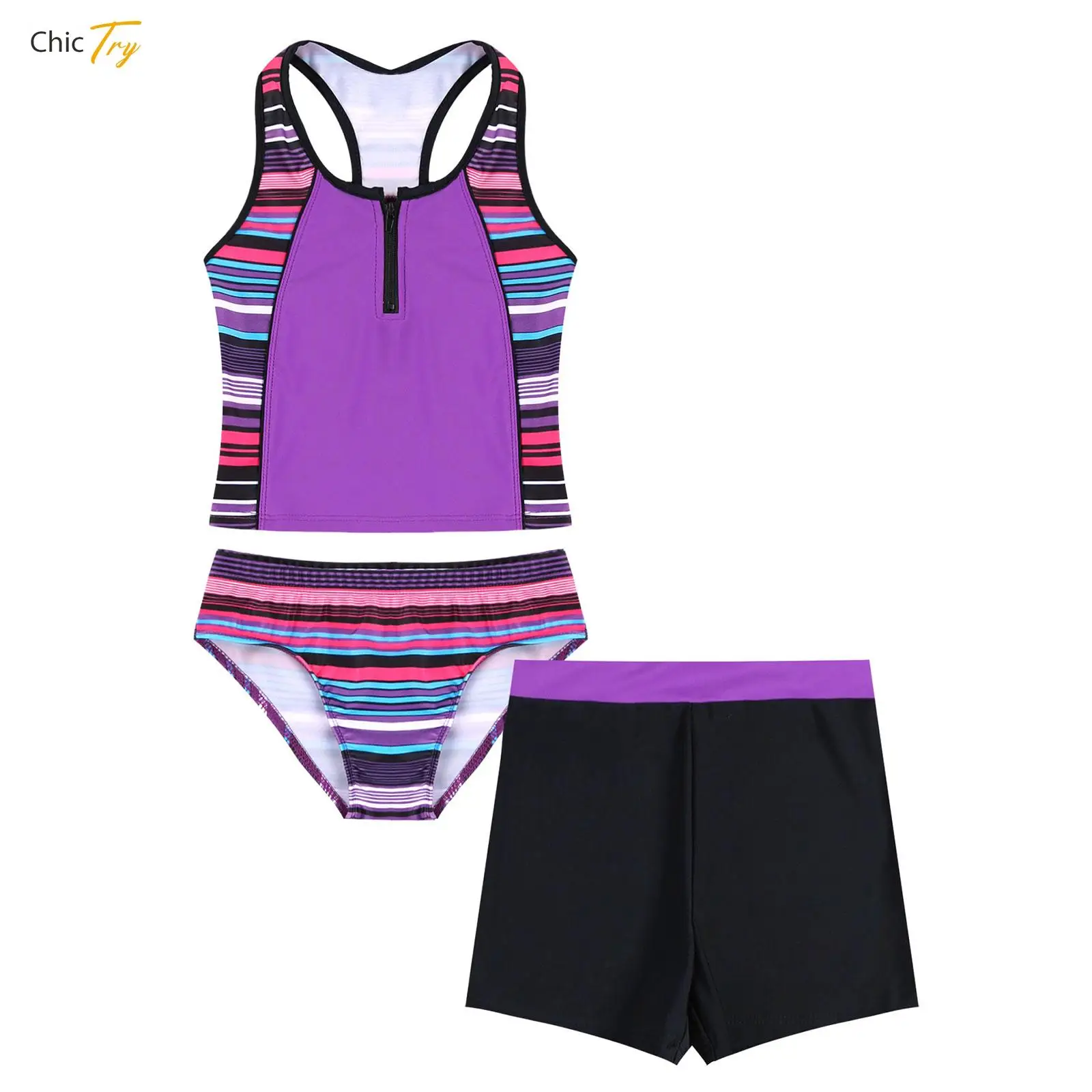 

Kids Girls 3 Piece Tankini Set Swimsuit Racer Back Tank Tops with Shorts Bottoms Water Sports Swimwear Bathing Suit Beachwear