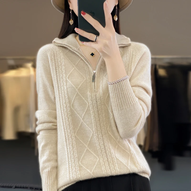 

Cashmere Sweater Autumn Winter Women Sweater Casual Zipper Coats Female Cardigan Long Sleeve Hooded Jacket 100% Wool Knitted Top