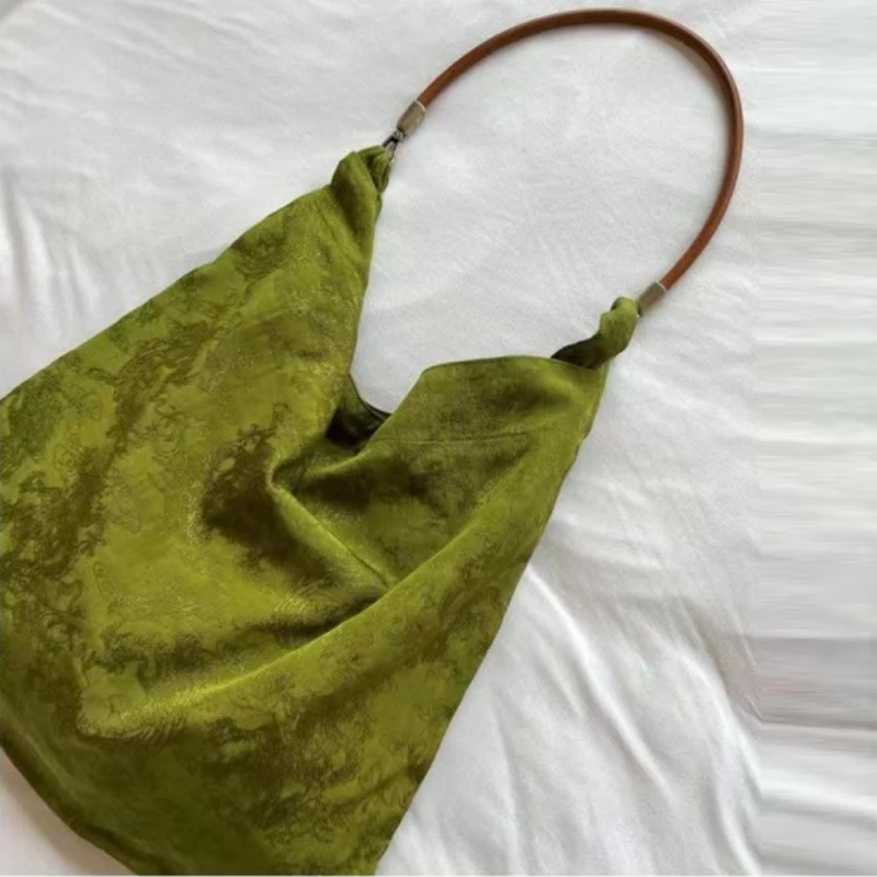 

Vintage jacquard linen green leather rope Messenger Shoulder Bag Cloth Women Handbag Large Tote Bag