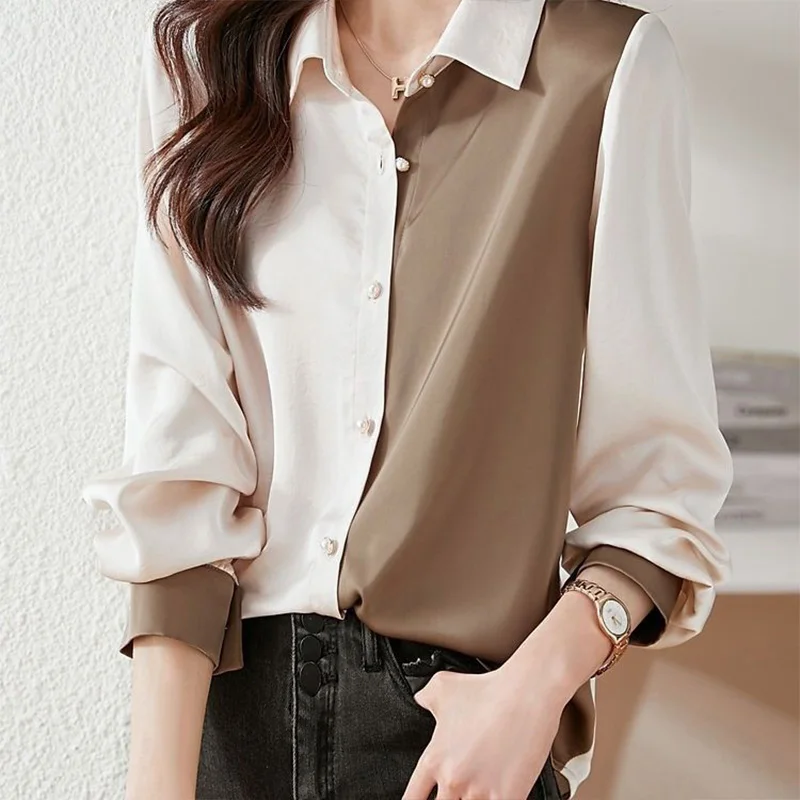 Enlarge Korean Fashion White Coffee Color Chic Chiffon Shirts Office Lady Long Sleeve Casual Blouse Female Clothes All-match Elegant Top