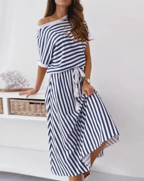 

2022 Summer New Fashion Elegant Women Striped Print Casual Top & Skirt Set Women