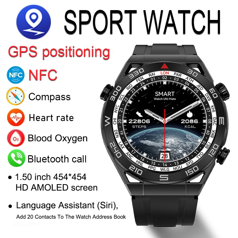 2023 NFC AMOLED Smart Watch Men Custom Dial Answer Call Sport GPS Track Compass IP68 Waterproof Smartwatch For Huawei Ultimate