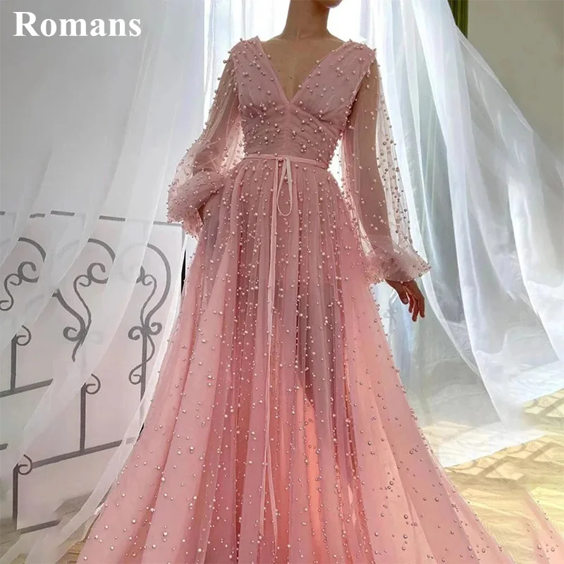 

Платье женское вечернее розовое ТРАПЕЦИЕВИДНОЕ с V-образным вырезом и длинными рукавами-фонариками