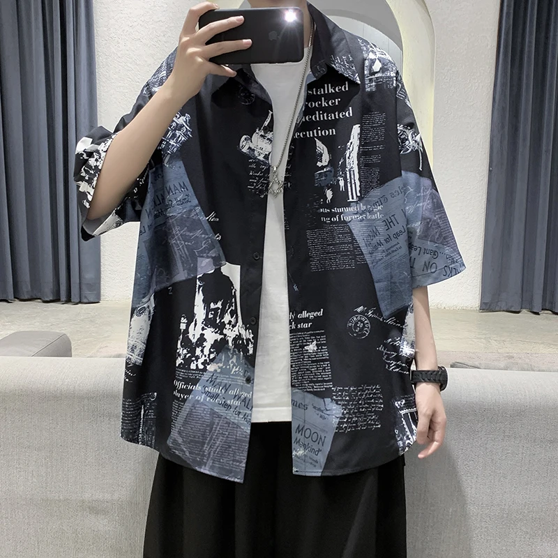 

YASUGUOJI New 2022 Summer Streetwear Shirt Short Sleeve Regular Mens Printed Shirts Man Shirts High Quality Silk Shirt Men