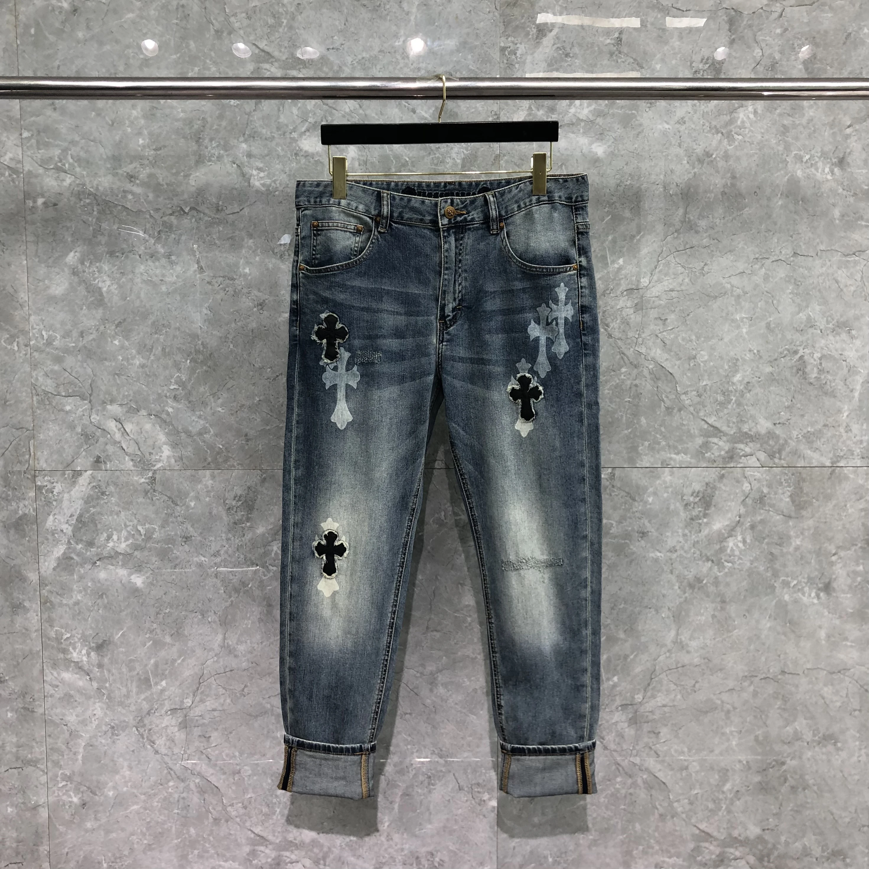 

High Street Men Jeans Fashion Retro Blue Elastic Slim Fit Destroyed Ripped Jeans Men Beading Patch Designer Brand Hip Hop Pants