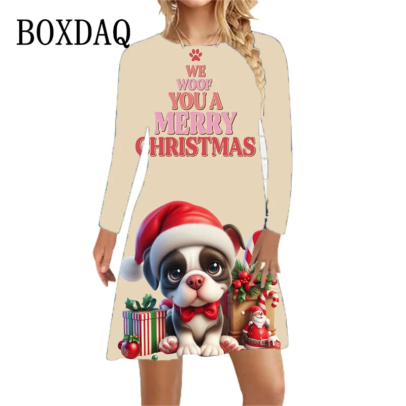 Рождественская елка Платье с принтом Женская новогодняя вечеринка Мини платье