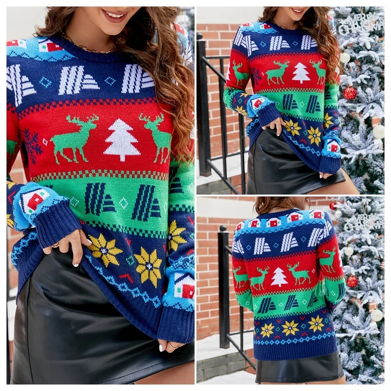 

Women Crew Neck Jumper Elk Tree Printed Christmas Loose Cute Sweater Ugly Knit Comfy Funny Cozy Xmas Snowflake Sweater