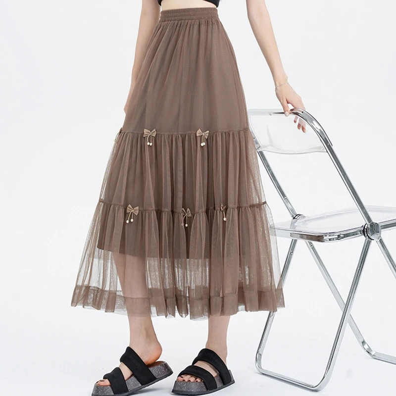 Повседневная однотонная тюлевая сетчатая юбка с бантом модная милая юбка-пачка