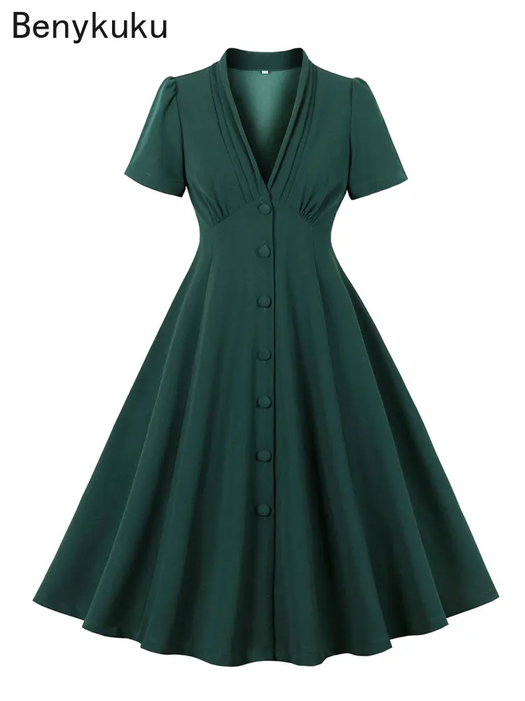 

Single Breasted Ruched V-Neck Green Solid Dress for Summer Vintage Swing Dress Tie Back High Waist Evening Party Dresses Women
