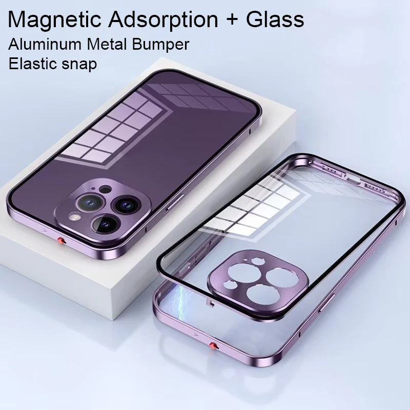 

Магнитный чехол с металлической рамкой для iPhone 14 13 12 Pro MAX 14 Plus, алюминиевый бампер, чехол для телефона из закаленного стекла, защита для Камер...